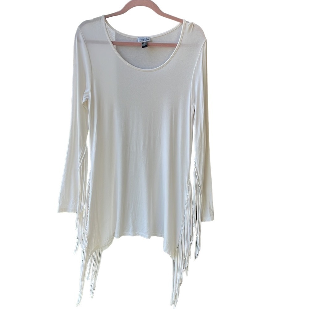 Tasha Polizzi Long Sleeve Off-White Fringe Darcie Jersey Tunic Top. Size S